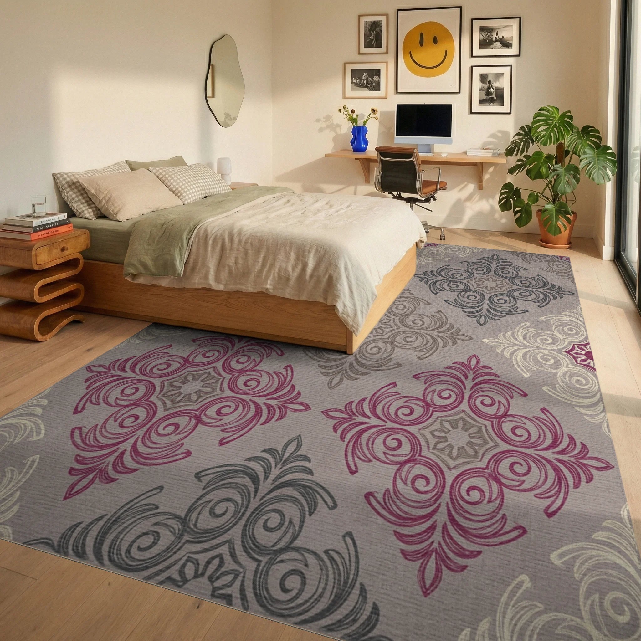 Ornate Pink Gray Cream Medallion Rug Bedroom View