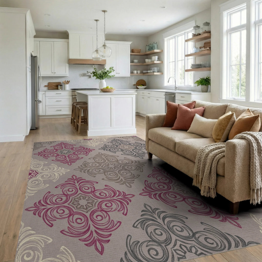 Ornate Pink Gray Cream Medallion Rug Living Room View