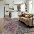Ornate Pink Gray Cream Medallion Rug Living Room View