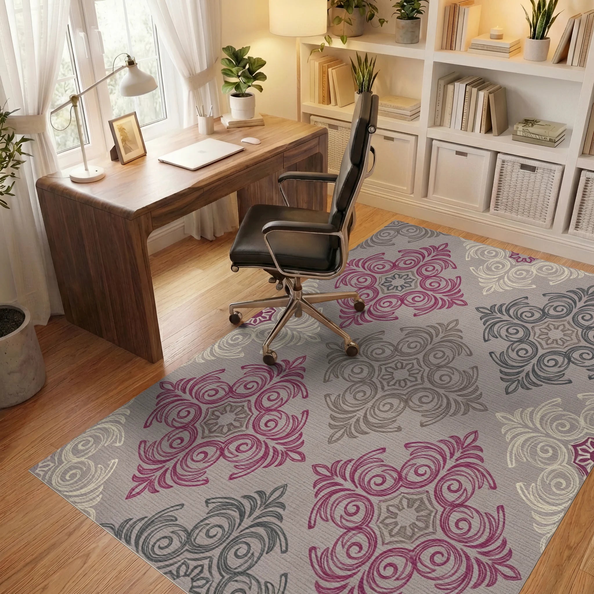 Ornate Pink Gray Cream Medallion Rug Office View