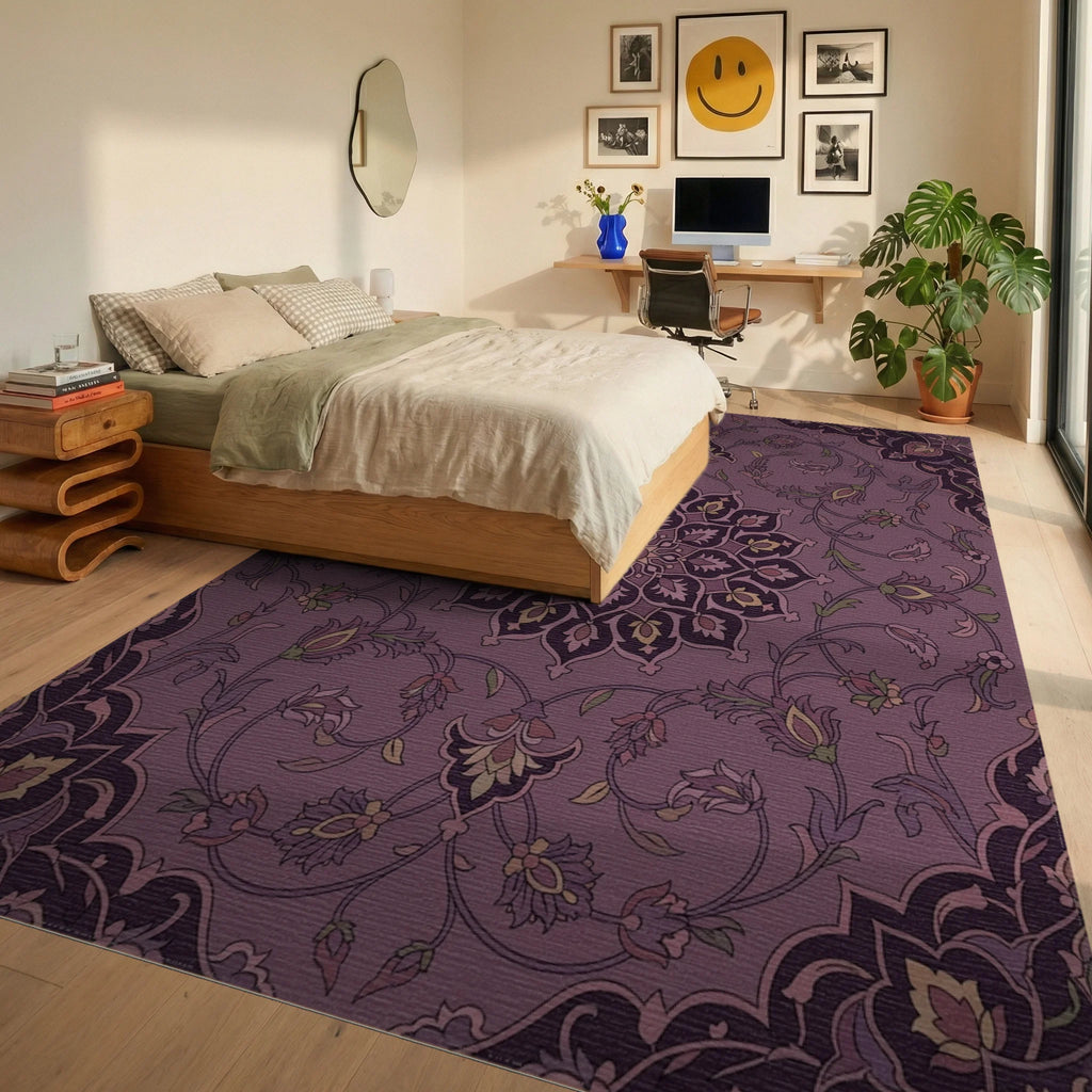 Ornate Plum Floral Medallion Tapestry Rug Bedroom View