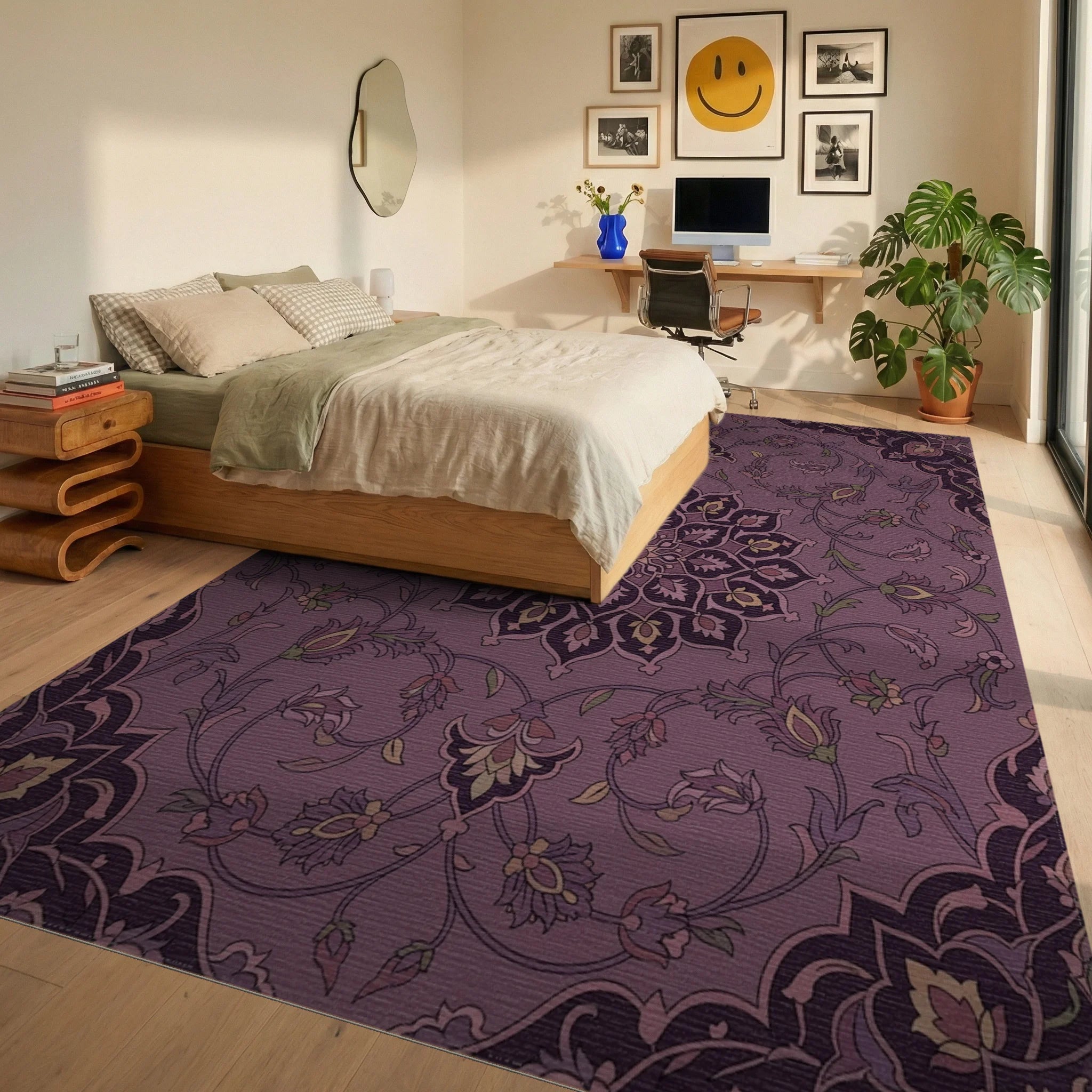Ornate Plum Floral Medallion Tapestry Rug Bedroom View