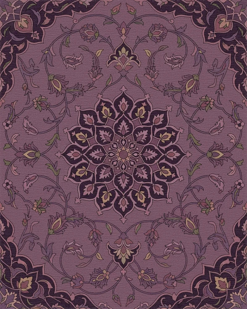 Ornate Plum Floral Medallion Tapestry Rug - Cutout View