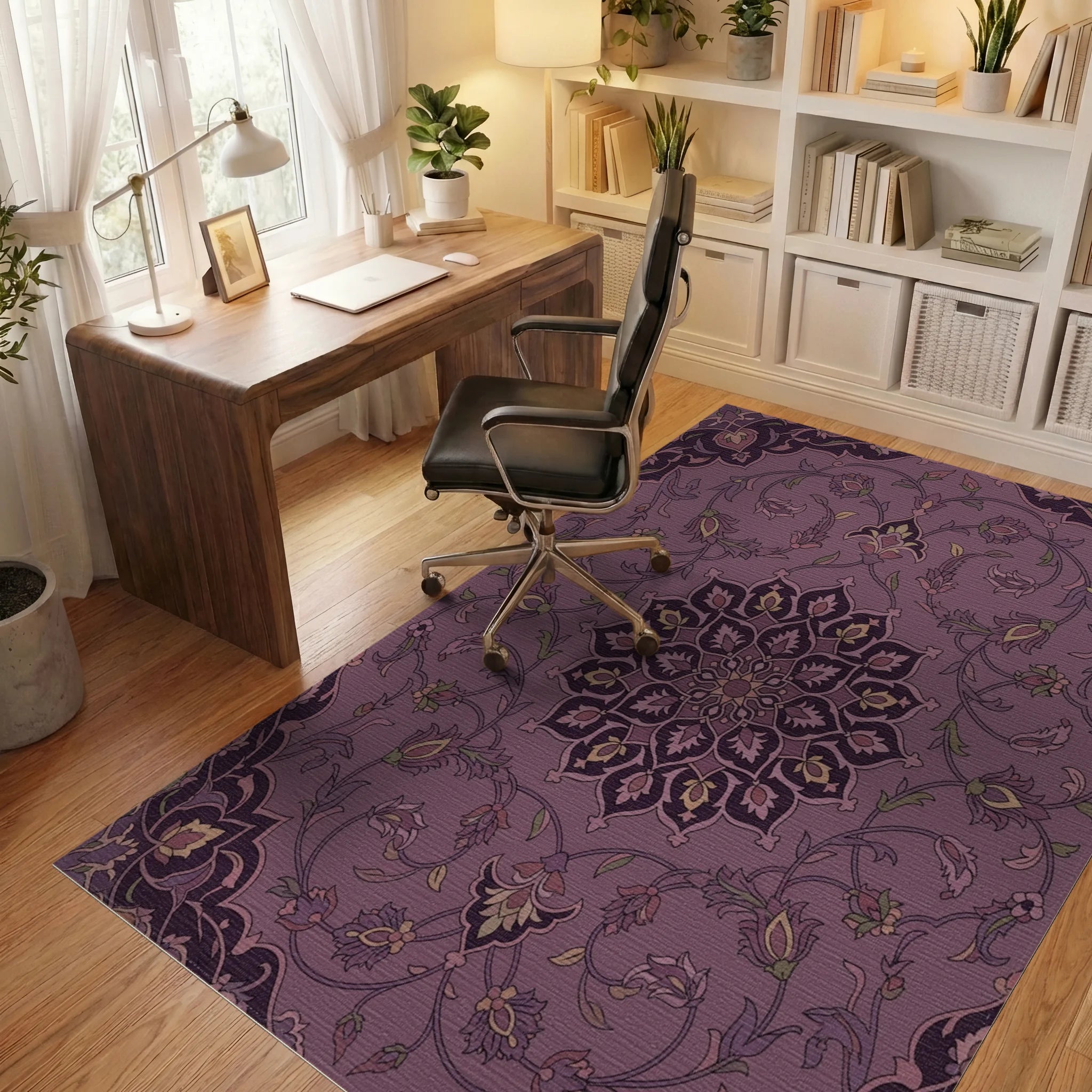 Ornate Plum Floral Medallion Tapestry Rug Office View