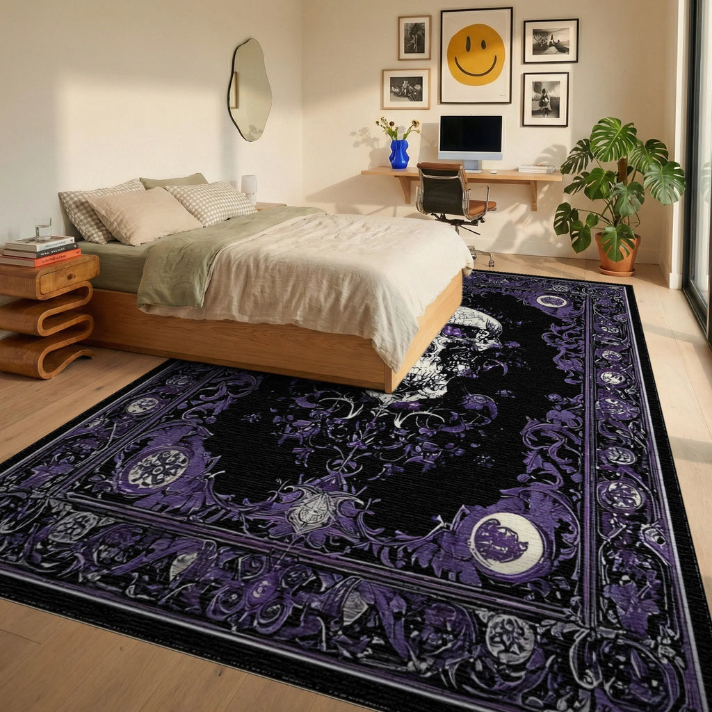 Ornate Purple Skull Gothic Rug - Bedroom View