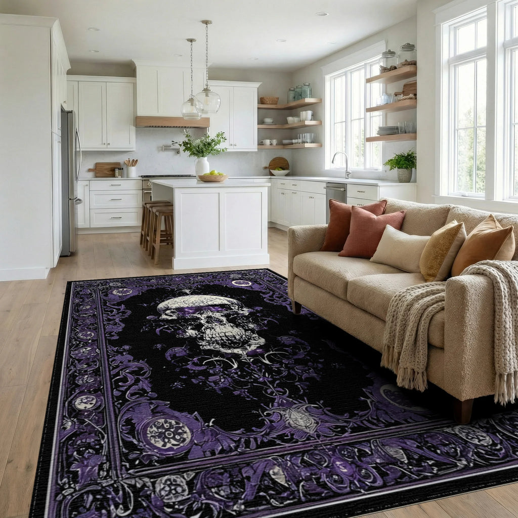 Ornate Purple Skull Gothic Rug - Living Room View