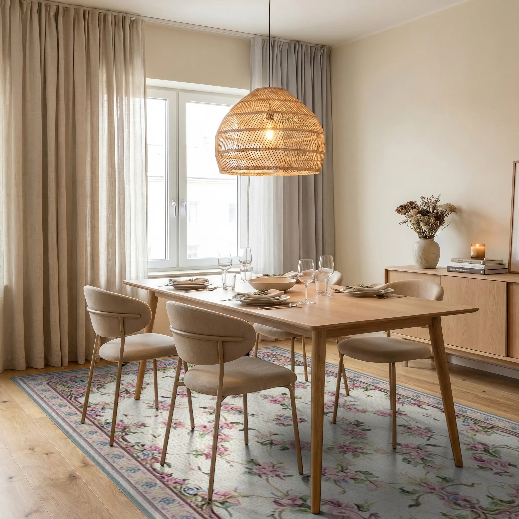 Ornate Rosa Garland Scatter Rug - Dining Room View