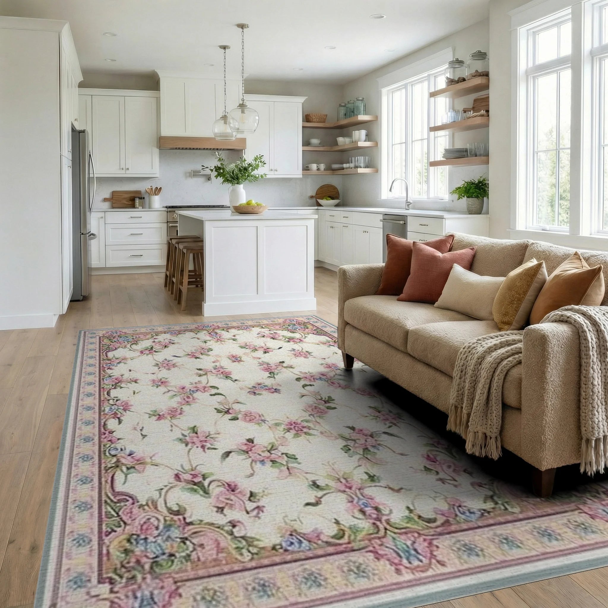 Ornate Rosa Garland Scatter Rug - Living Room View