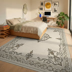 Ornate Scrollwork and Floral Medallion Design Rug Bedroom View