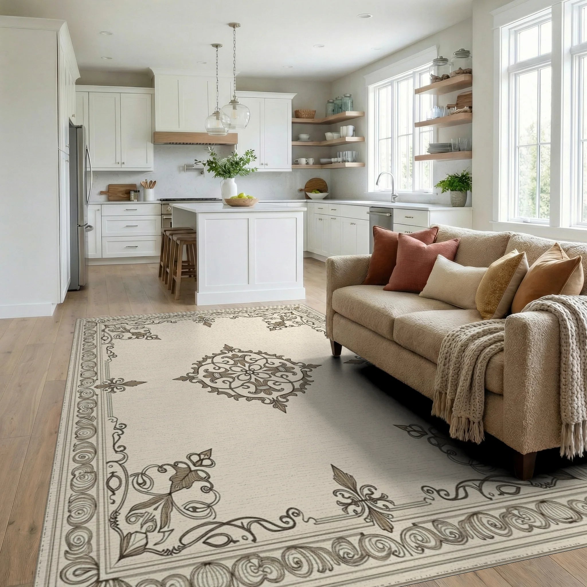 Ornate Scrollwork and Floral Medallion Design Rug Living Room View