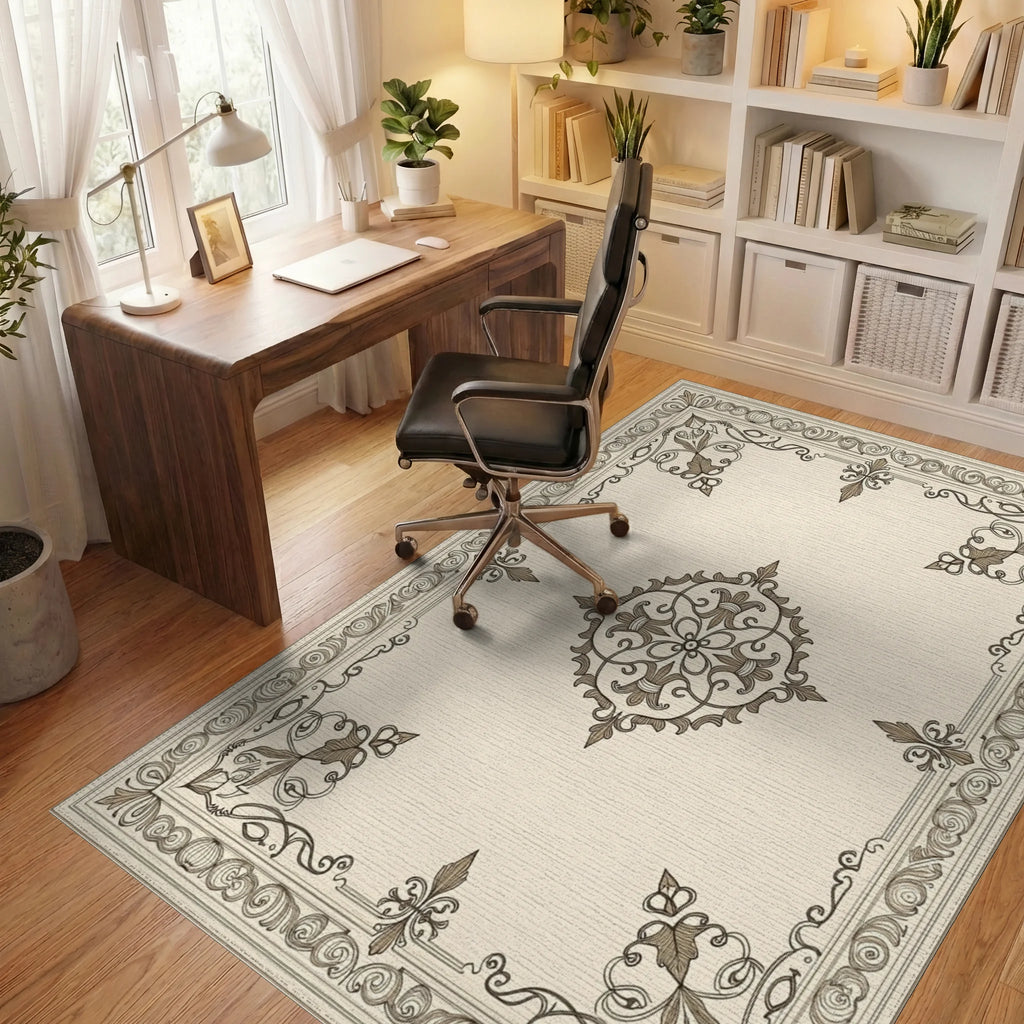 Ornate Scrollwork and Floral Medallion Design Rug Office View