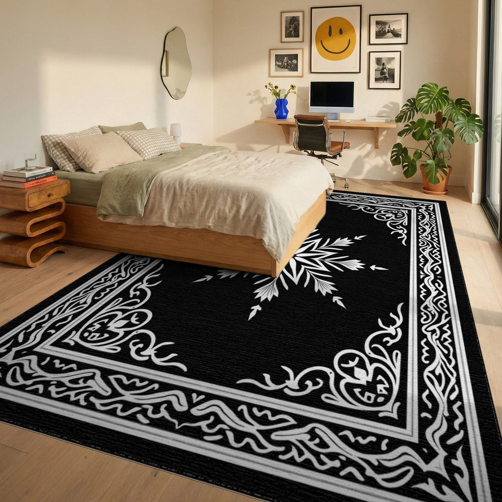 Ornate Snowflake Star Border Design Rug Bedroom View