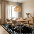 Ornate Snowflake Star Border Design Rug Dining Room View