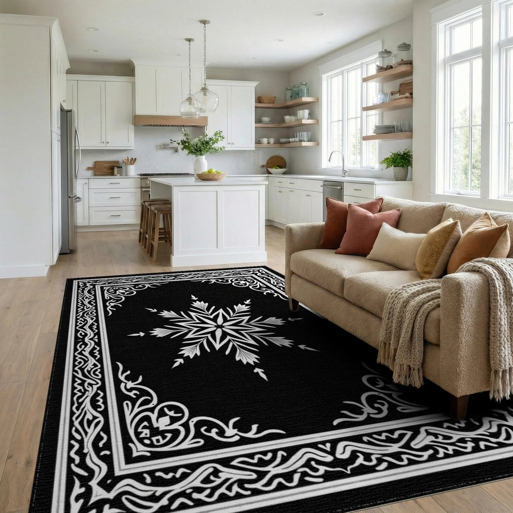Ornate Snowflake Star Border Design Rug Living Room View