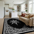 Ornate Snowflake Star Border Design Rug Living Room View