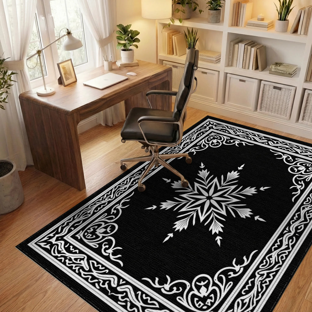 Ornate Snowflake Star Border Design Rug Office View