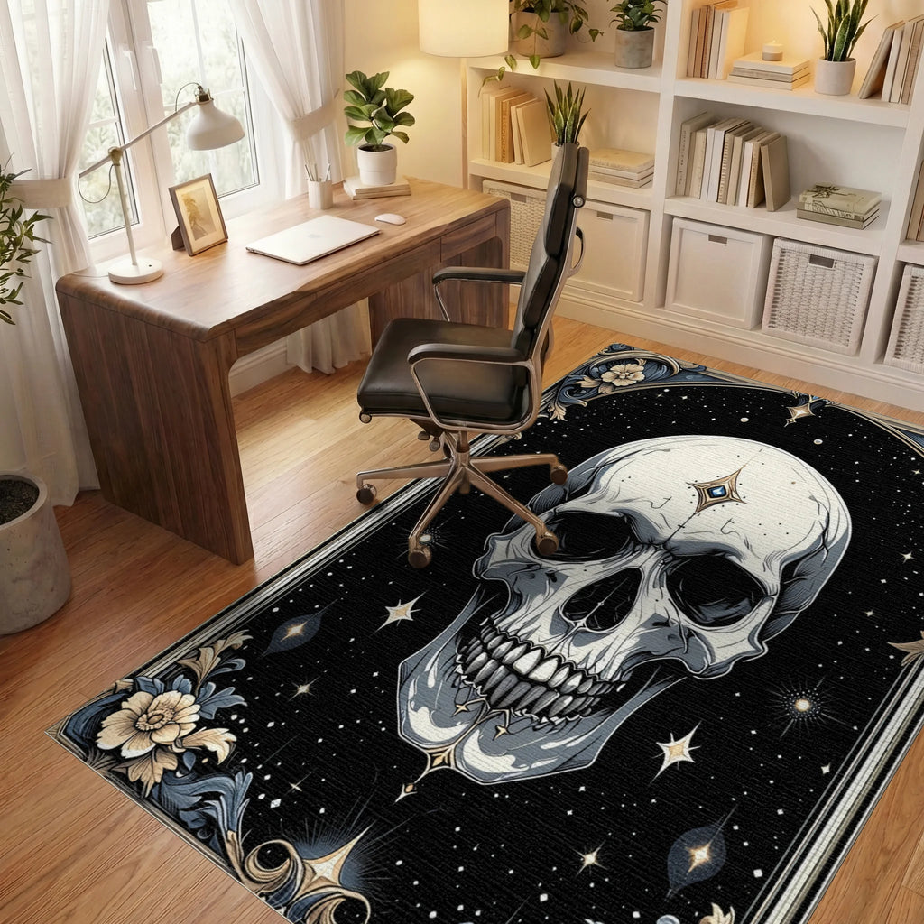 Ornate Starry Skull Floral Rug - Office View