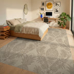 Ornate Tan Pineapple Floral Wallpaper Rug Bedroom View