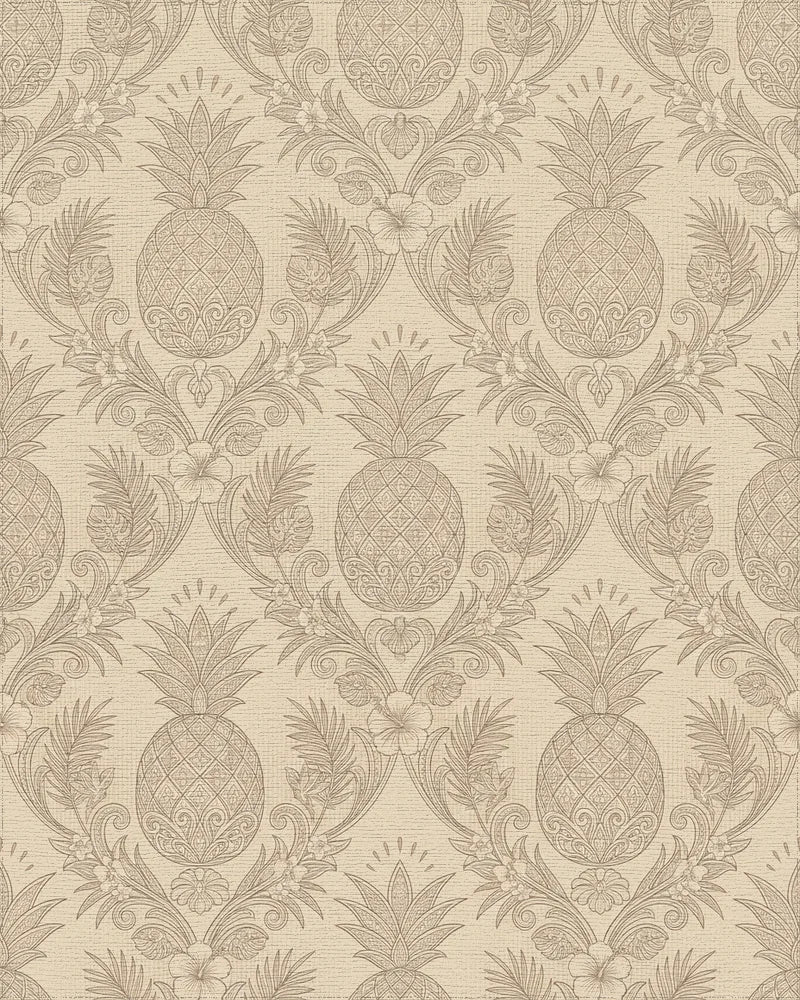 Ornate Tan Pineapple Floral Wallpaper Rug - Cutout View
