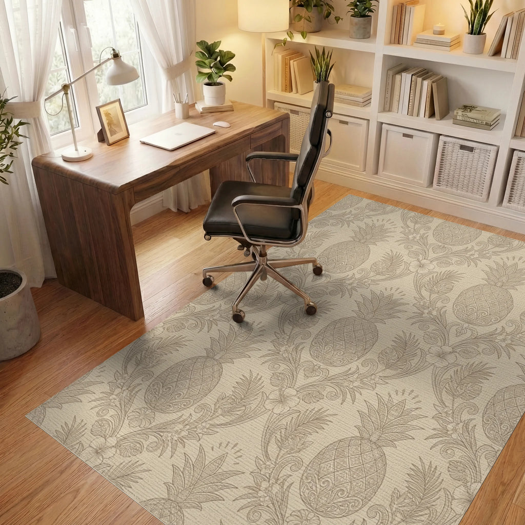 Ornate Tan Pineapple Floral Wallpaper Rug Office View