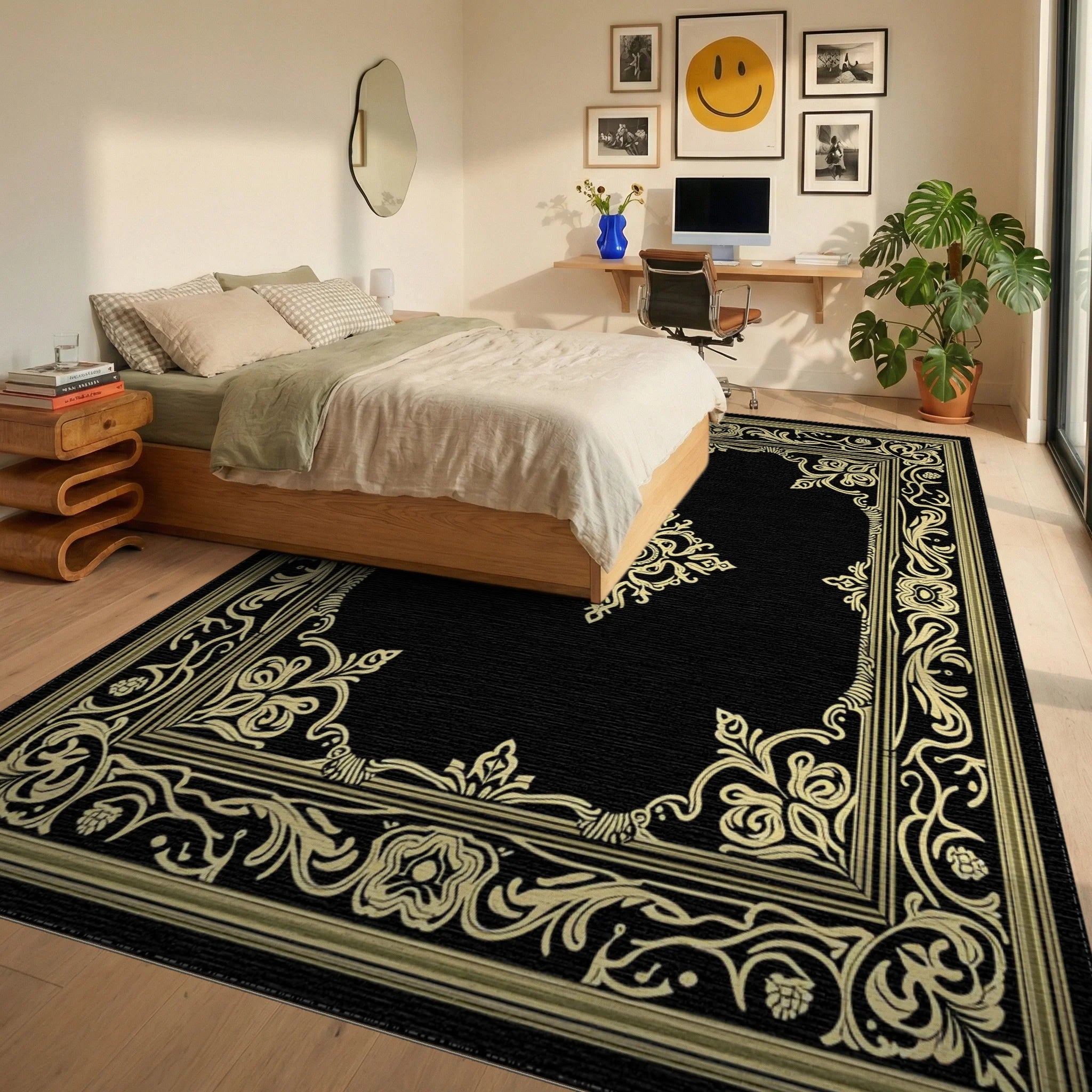 Ornate Vintage Floral Border Rug Bedroom View
