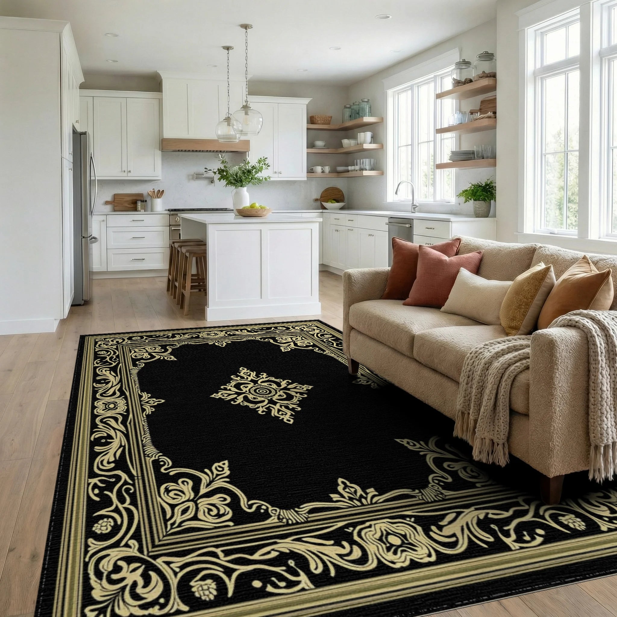 Ornate Vintage Floral Border Rug Living Room View