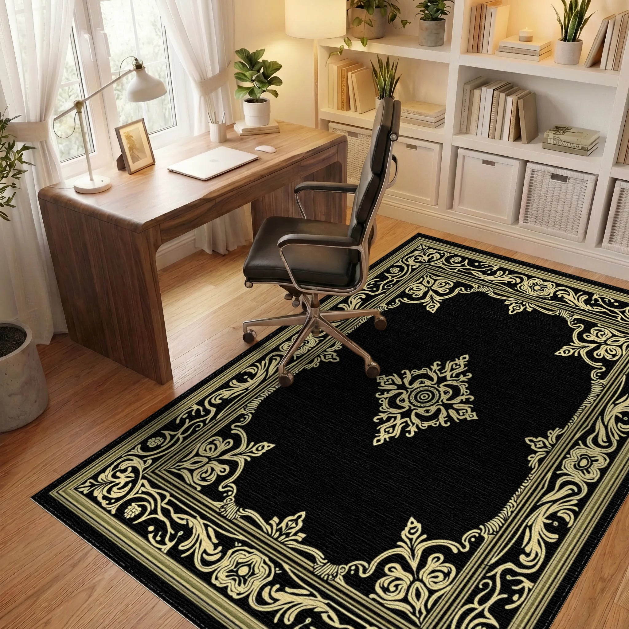 Ornate Vintage Floral Border Rug Office View