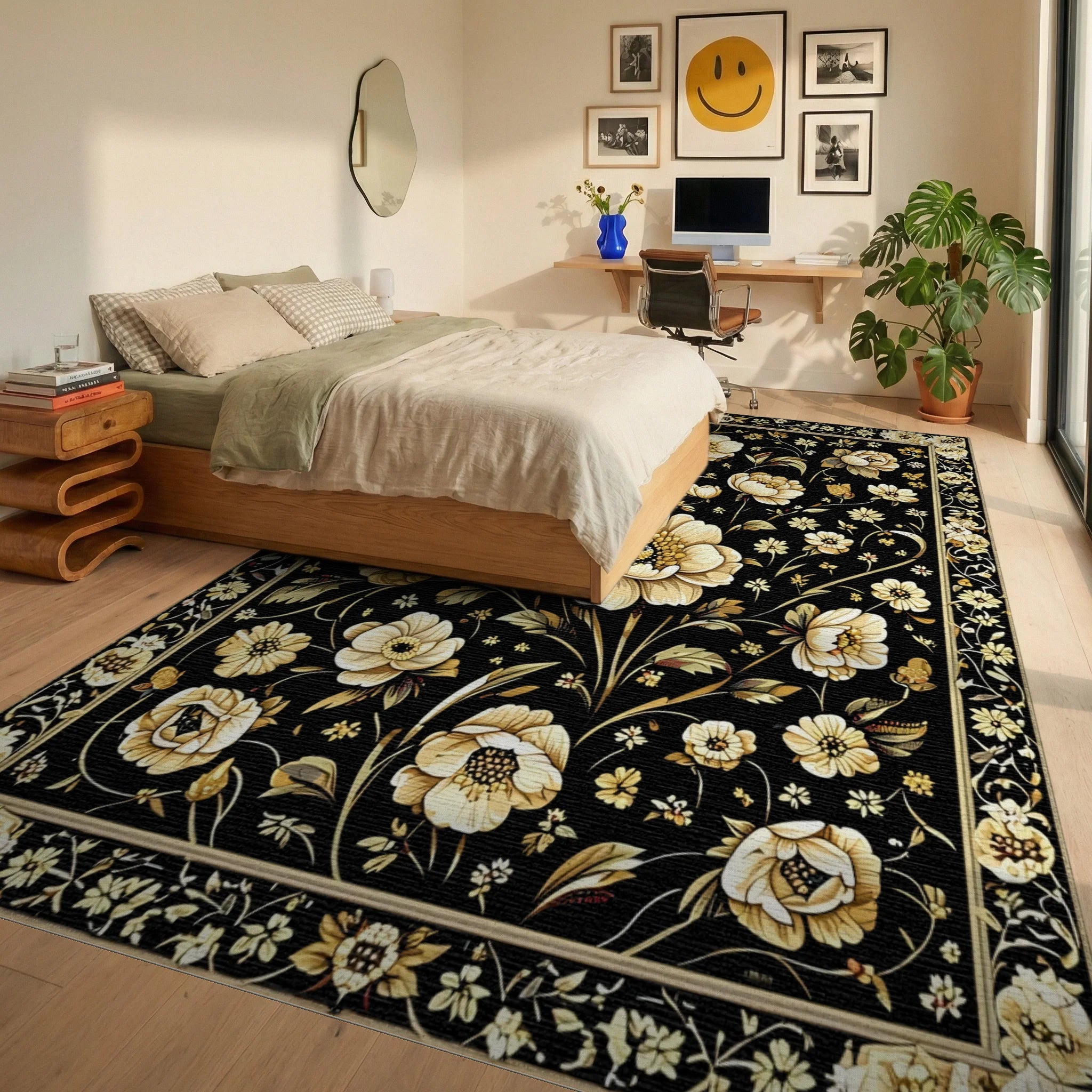 Ornate White Floral Black Gold Rug - Bedroom View