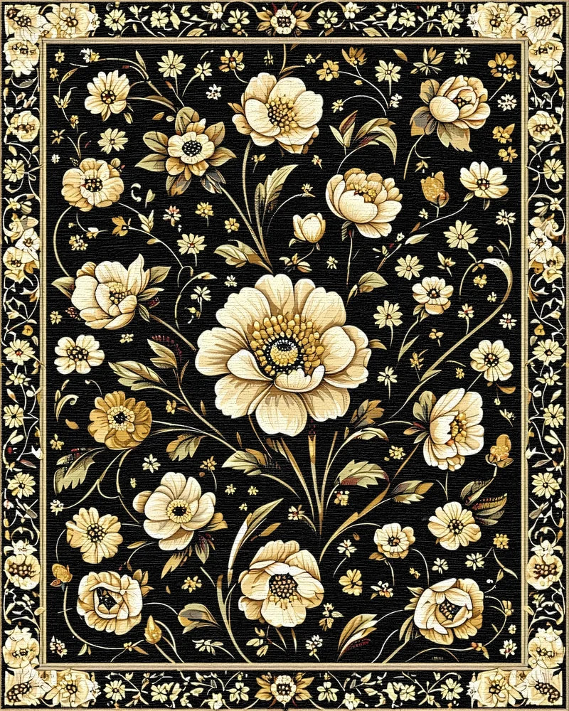 Ornate White Floral Black Gold Rug - Cutout View