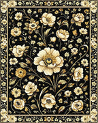 Ornate White Floral Black Gold Rug - Cutout View