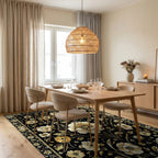 Ornate White Floral Black Gold Rug - Dining Room View