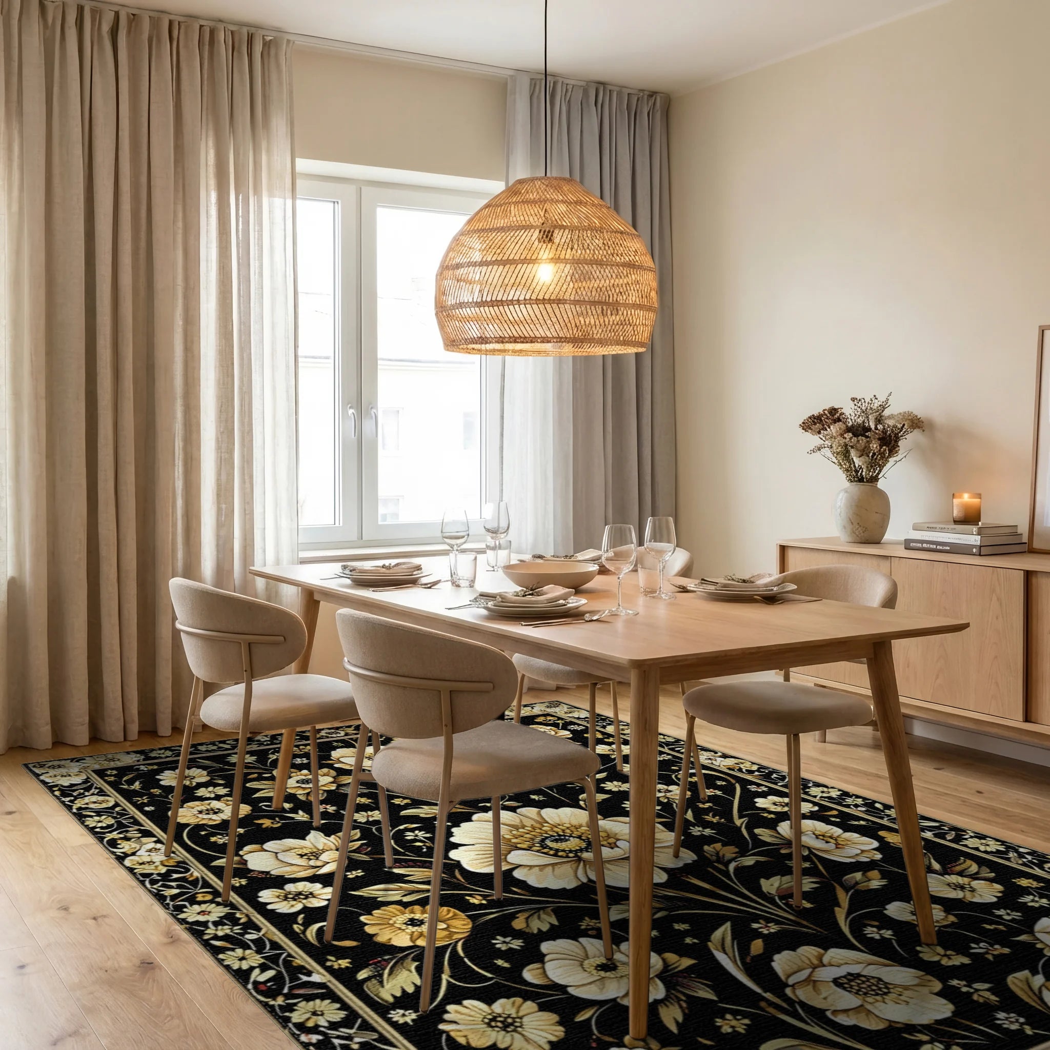 Ornate White Floral Black Gold Rug - Dining Room View