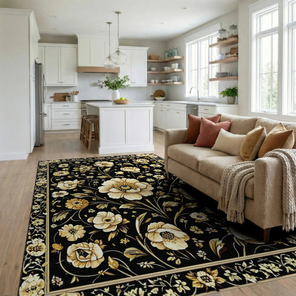 Ornate White Floral Black Gold Rug - Living Room View