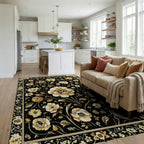 Ornate White Floral Black Gold Rug - Living Room View