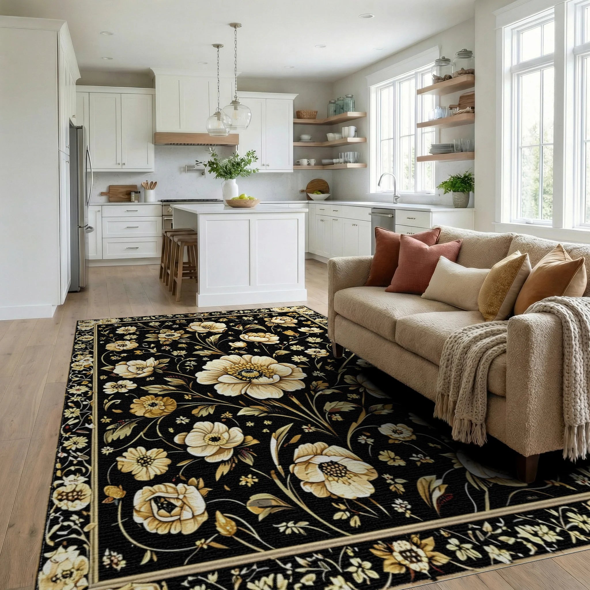 Ornate White Floral Black Gold Rug - Living Room View