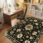 Ornate White Floral Black Gold Rug - Office View