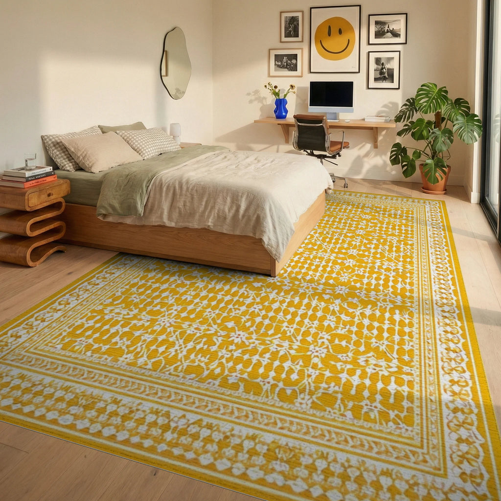 Ornate White Floral Golden Rug - Bedroom View