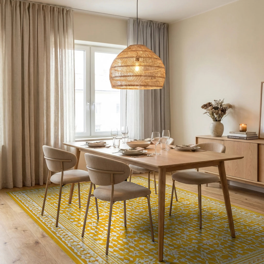 Ornate White Floral Golden Rug - Dining Room View