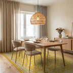 Ornate White Floral Golden Rug - Dining Room View