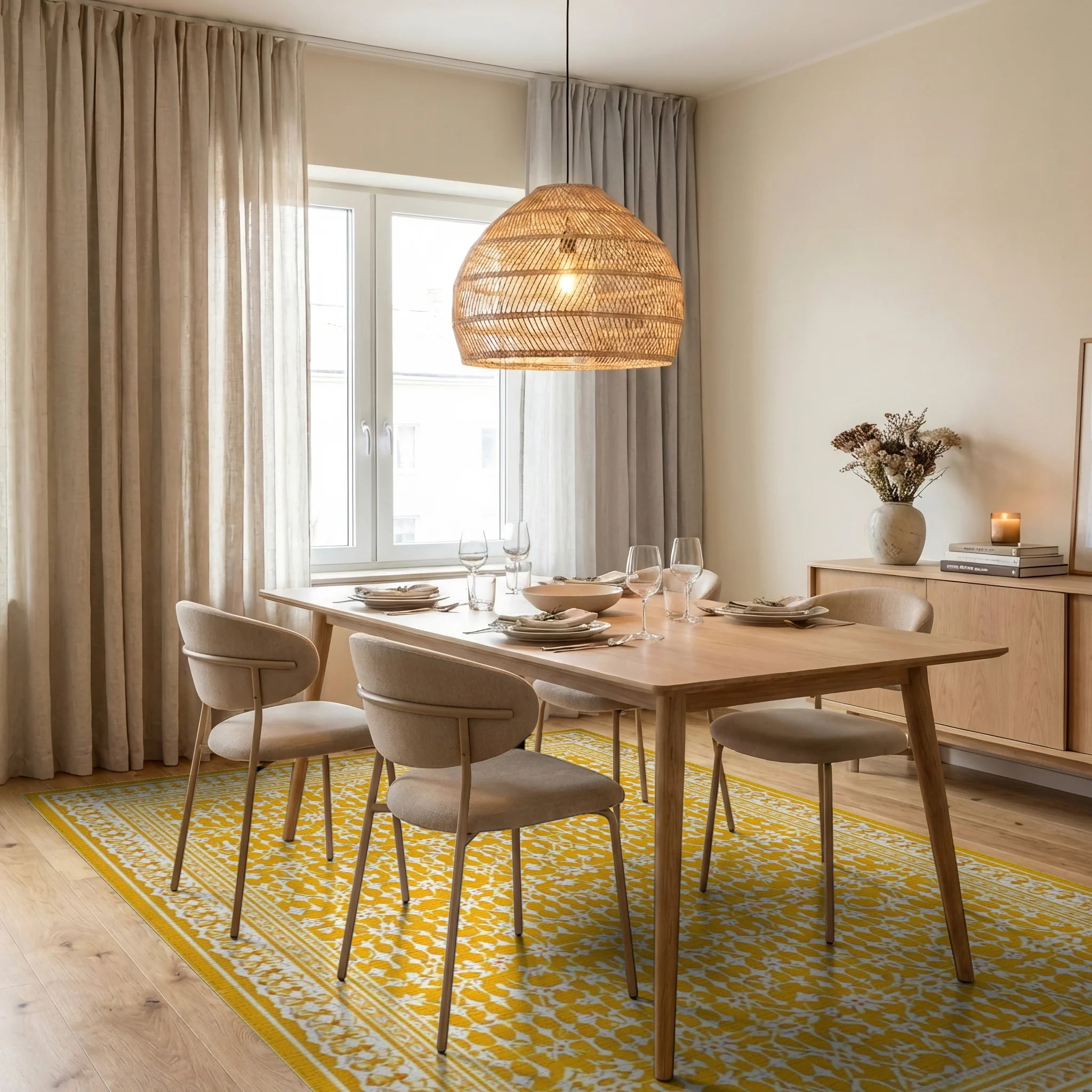 Ornate White Floral Golden Rug - Dining Room View