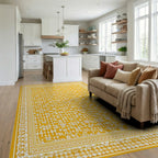 Ornate White Floral Golden Rug - Living Room View