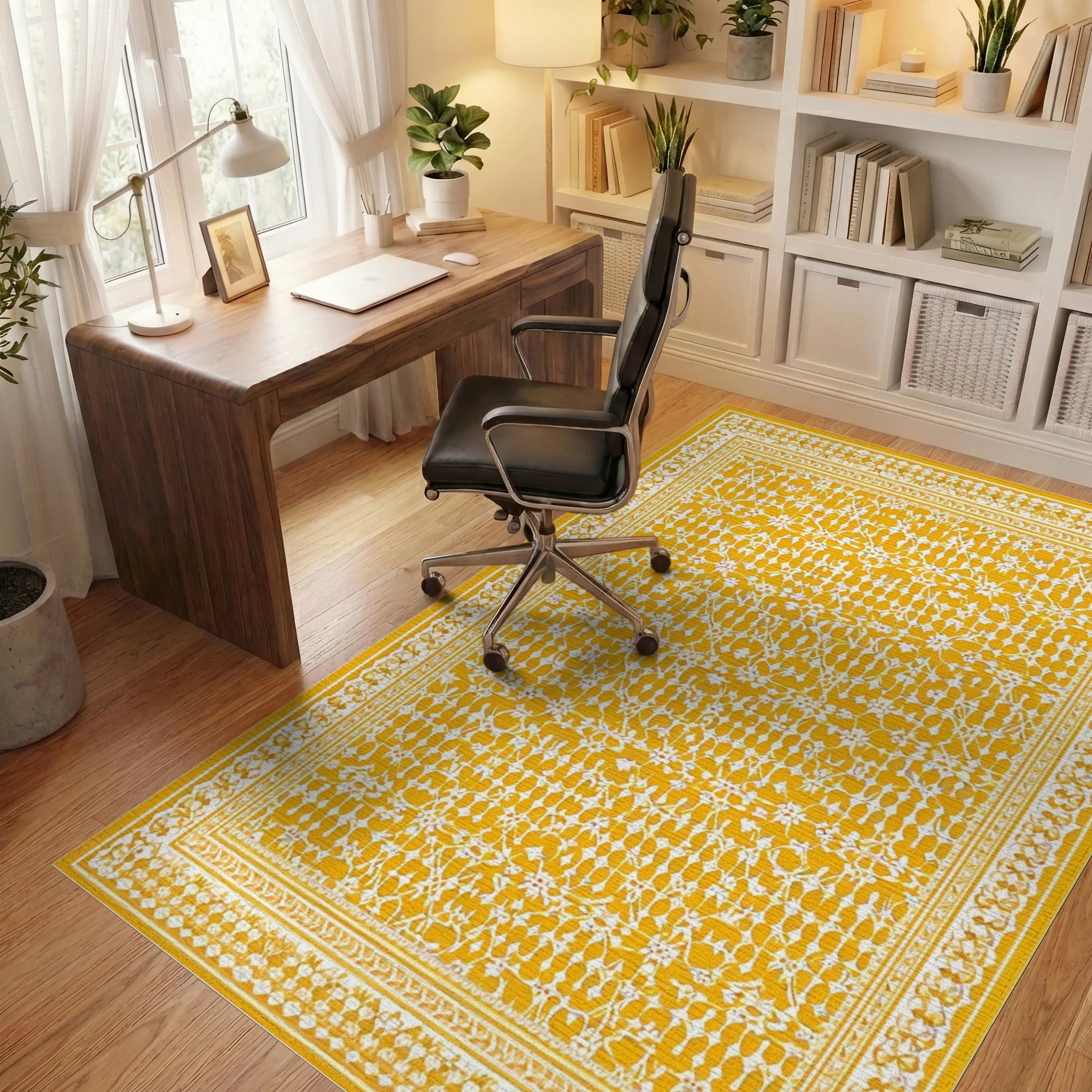 Ornate White Floral Golden Rug - Office View