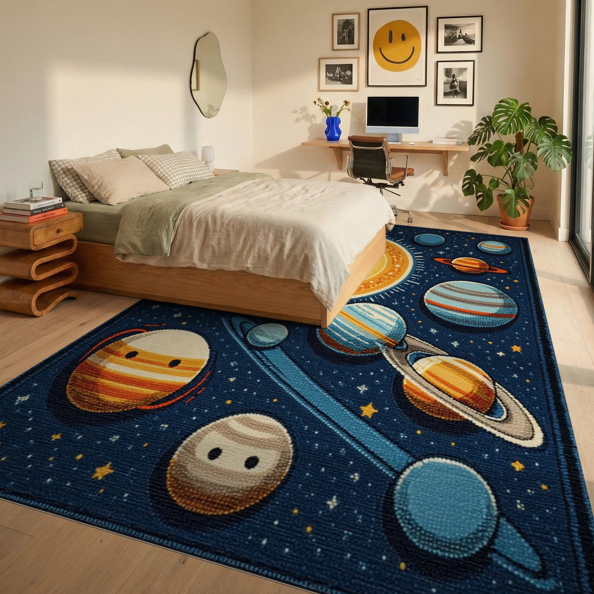 Outer Space Planets Celestial Bodies Rug - Bedroom View
