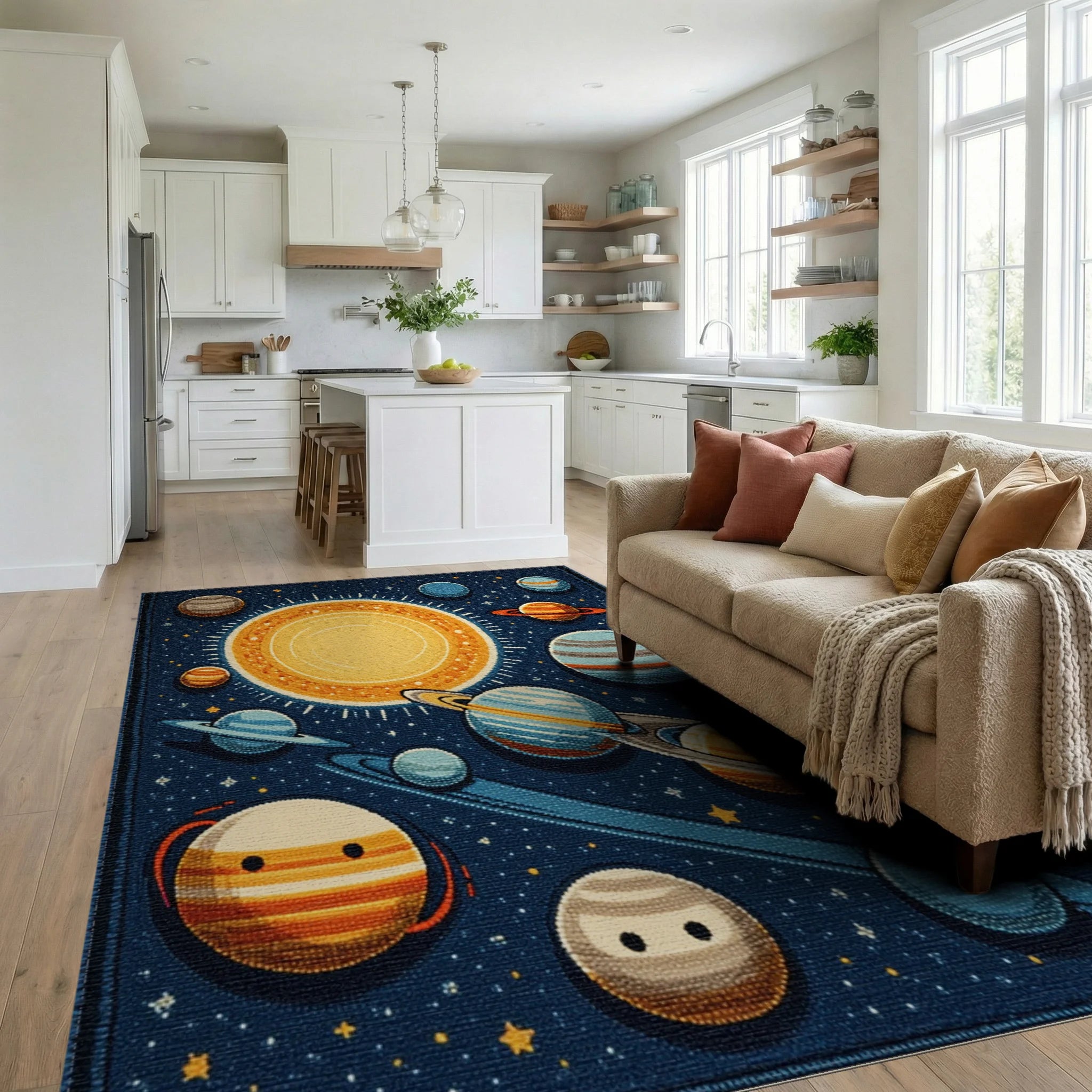 Outer Space Planets Celestial Bodies Rug - Living Room View