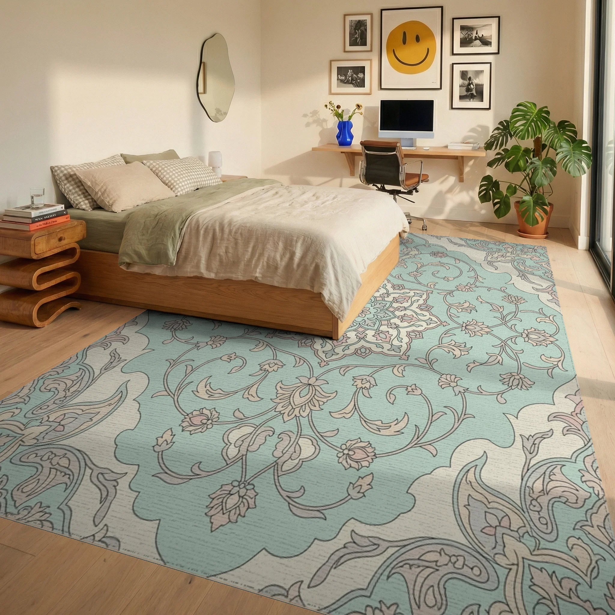 Pale Blue Floral Medallion Arabesque Rug Bedroom View