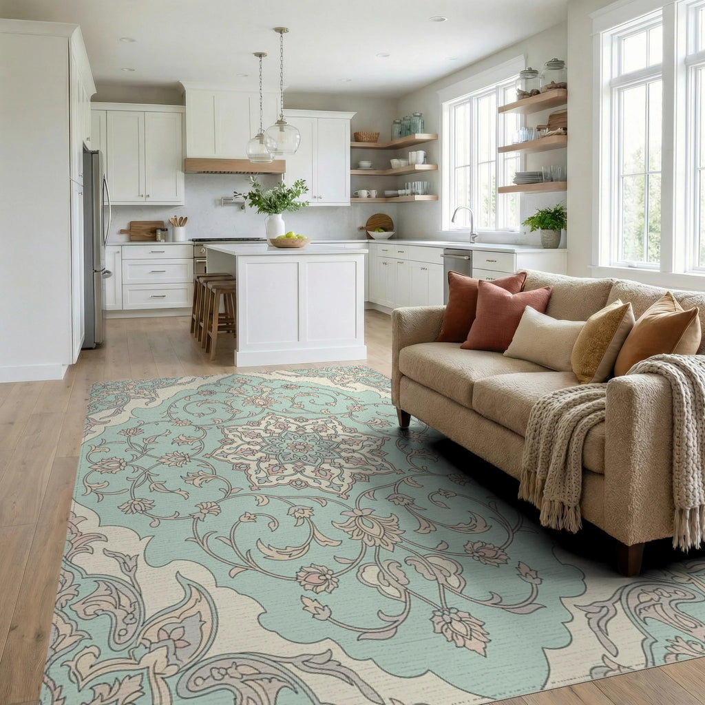 Pale Blue Floral Medallion Arabesque Rug Living Room View