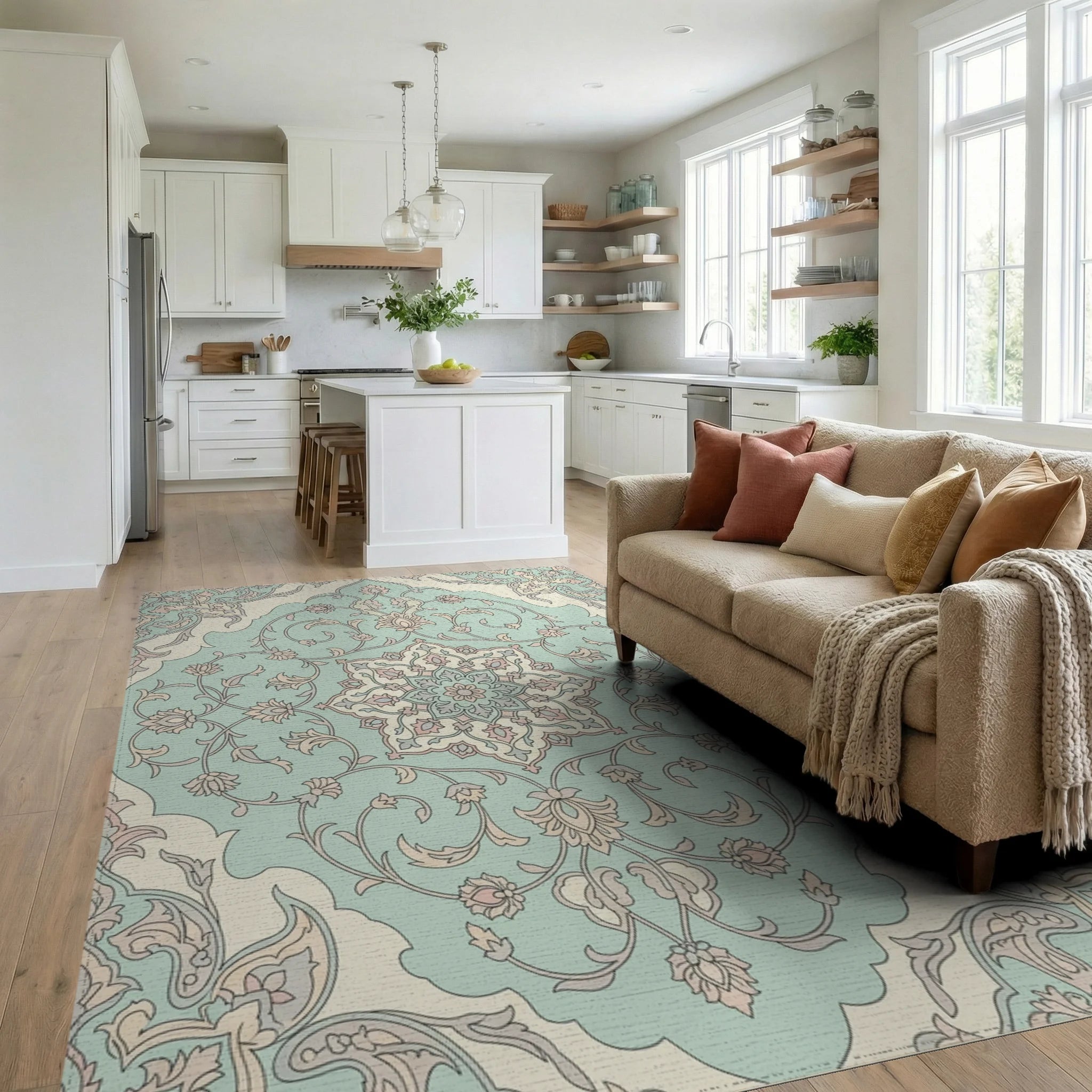Pale Blue Floral Medallion Arabesque Rug Living Room View