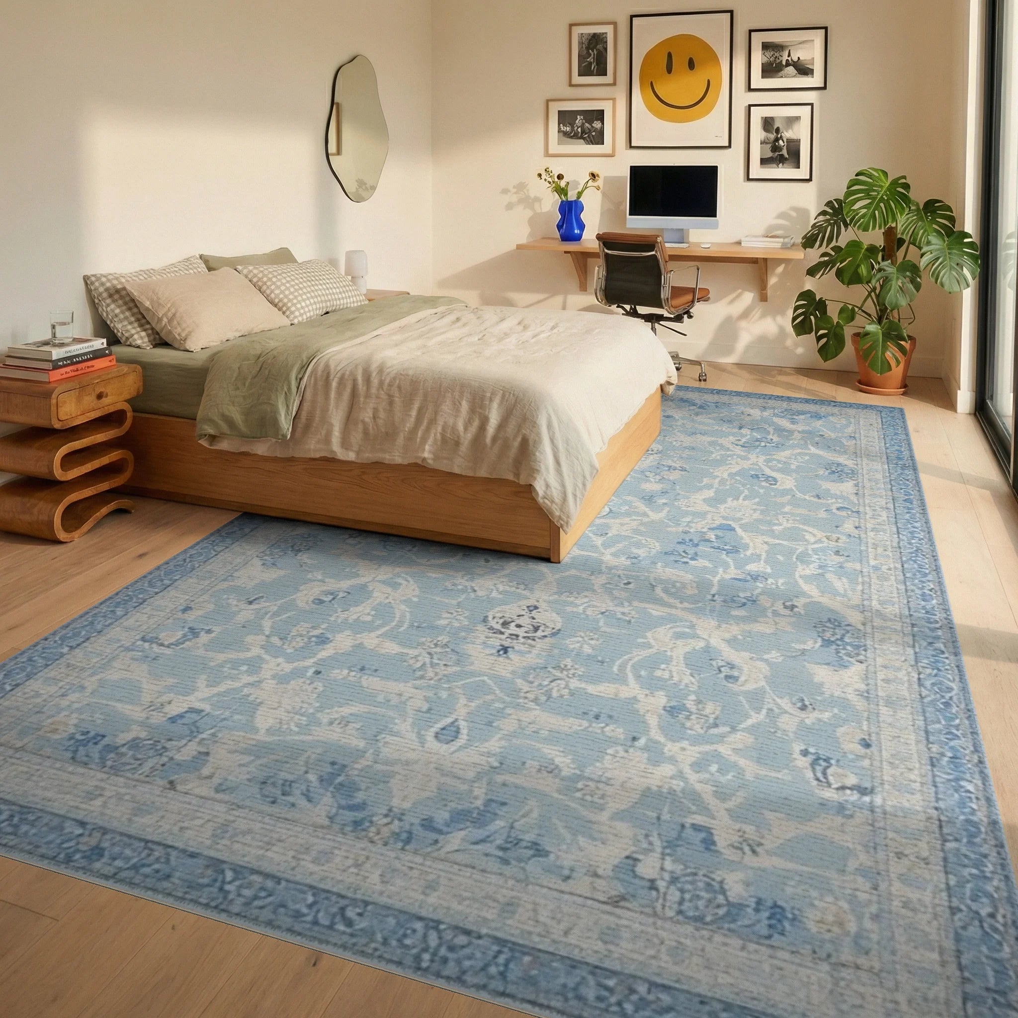 Pale Blue Floral Medallion Rug - Bedroom View