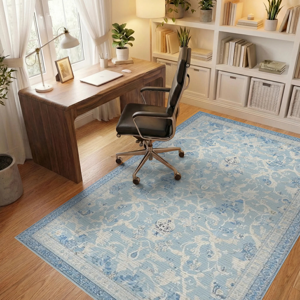 Pale Blue Floral Medallion Rug - Office View