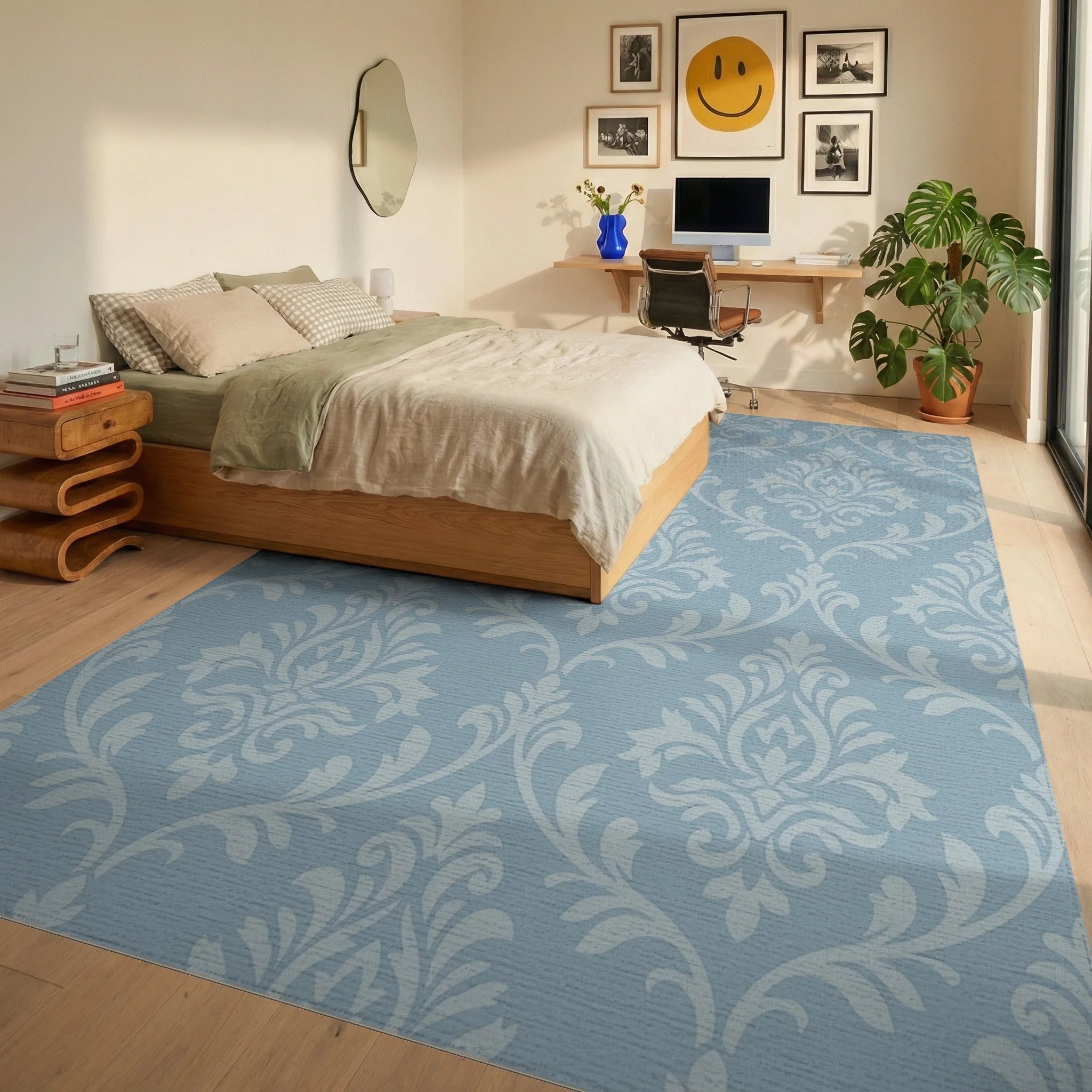Pale Blue Ornamental Flourish Rug Bedroom View